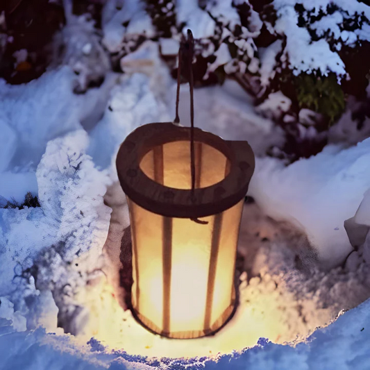 Lit lantern in the snow with a warm glow