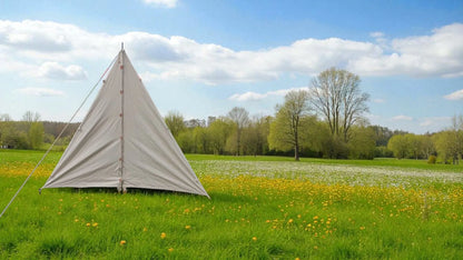 Triangular tent in a grassy field with trees and blue sky