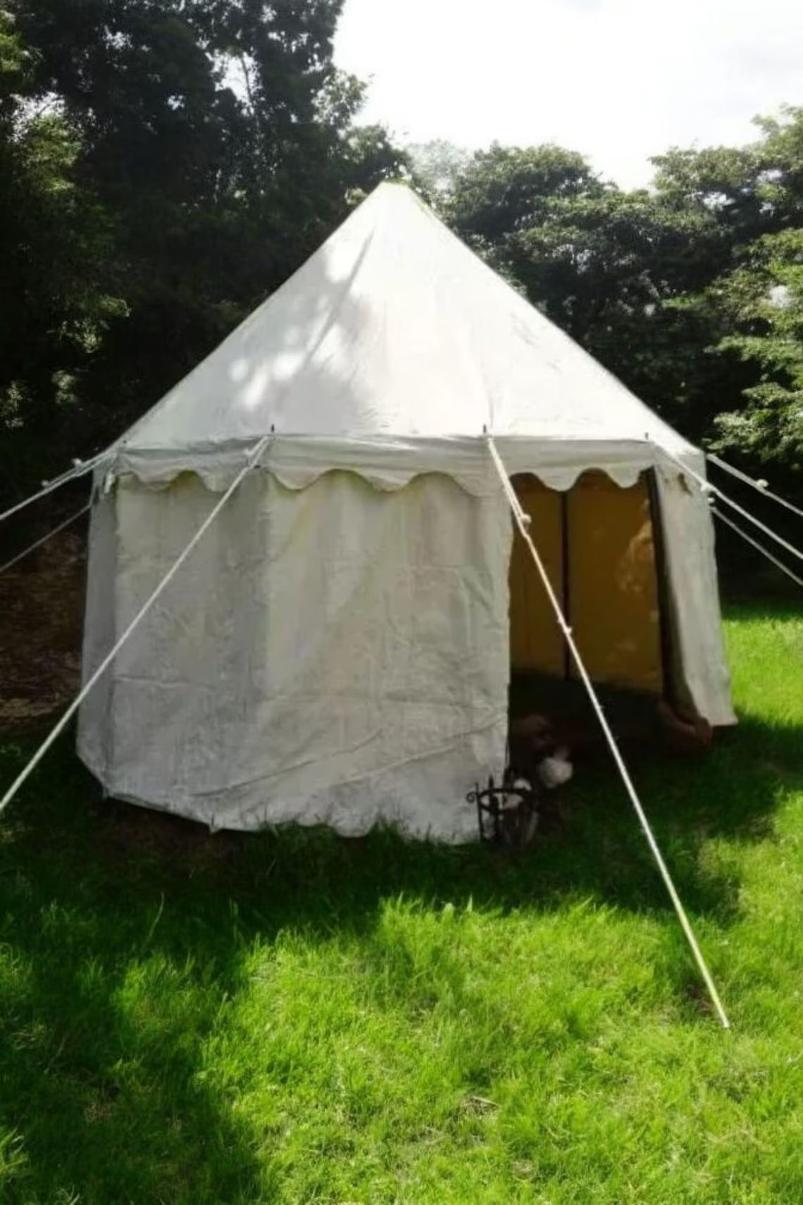White bell tent with yellow interior on grassy area with trees in the background