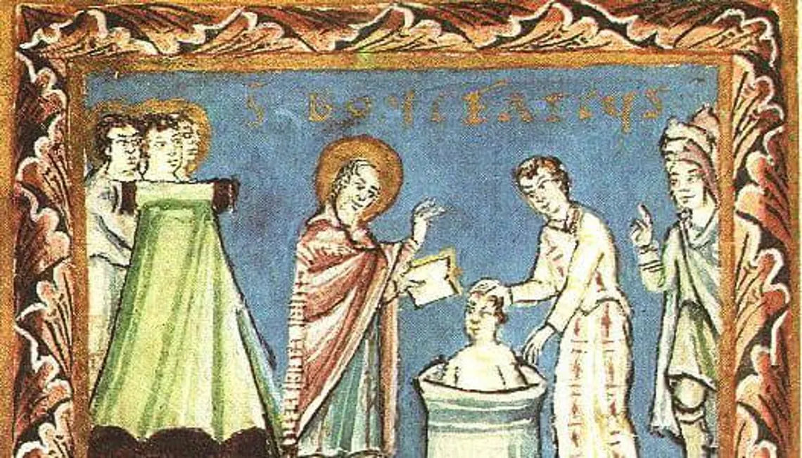 Medieval illustration of a scene with figures and text, framed by decorative elements.