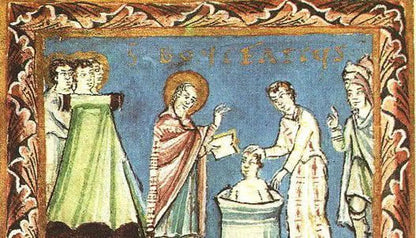 Medieval illustration of a scene with figures and text, framed by decorative elements.