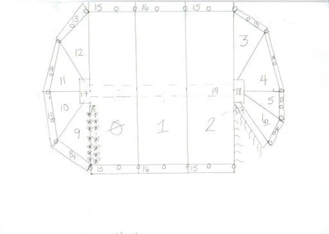 Technical drawing of a geometric shape with measurements on a white background
