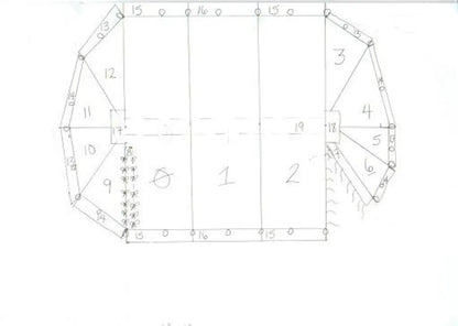 Technical drawing of a geometric shape with measurements on a white background