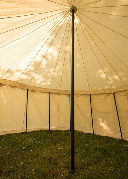 Close-up of a beige tent with a central pole on grass