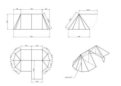 Technical drawings of geometric shapes with measurements on a white background