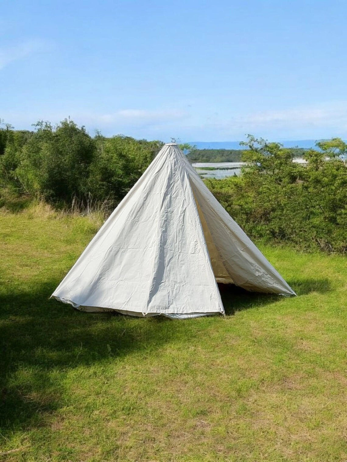 Tent set up in a grassy area with trees and a clear sky in the background