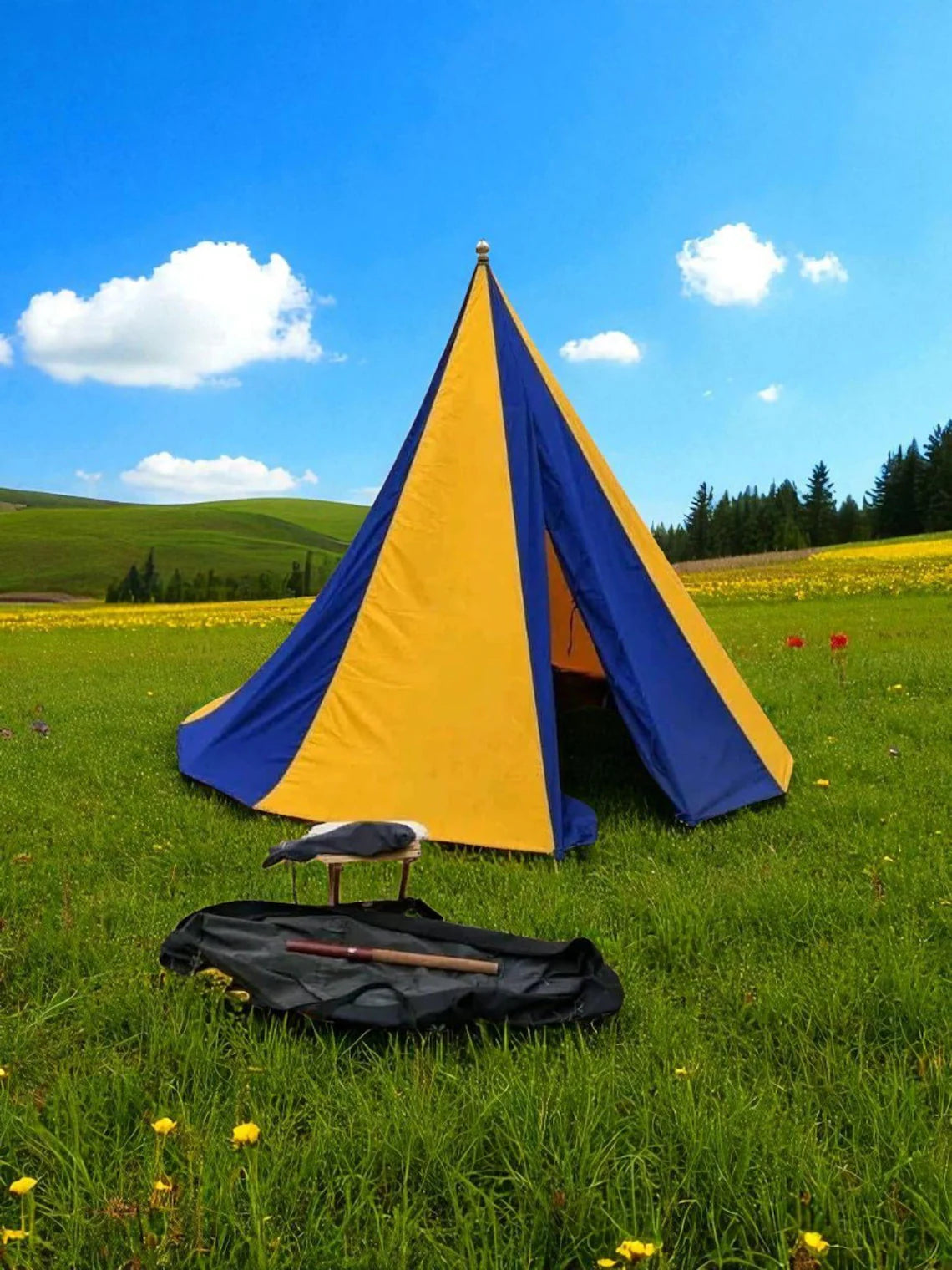 Blue and yellow tent set up in a grassy field with a clear blue sky.