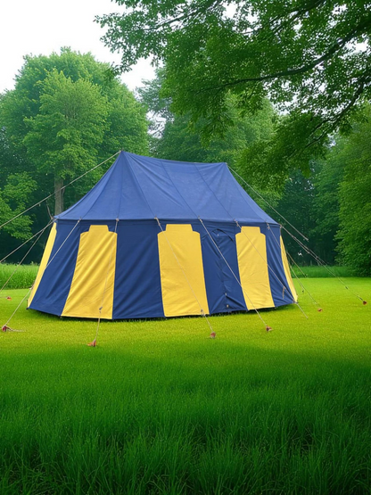 Blue and yellow tent set up in a grassy area with trees in the background