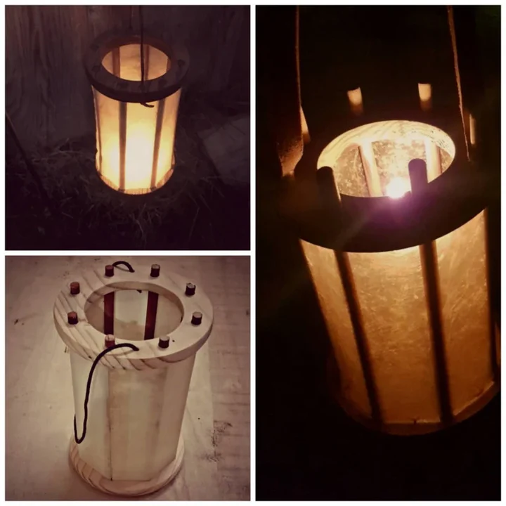 Collage of a wooden lantern with a light bulb inside, showing close-up and side views.