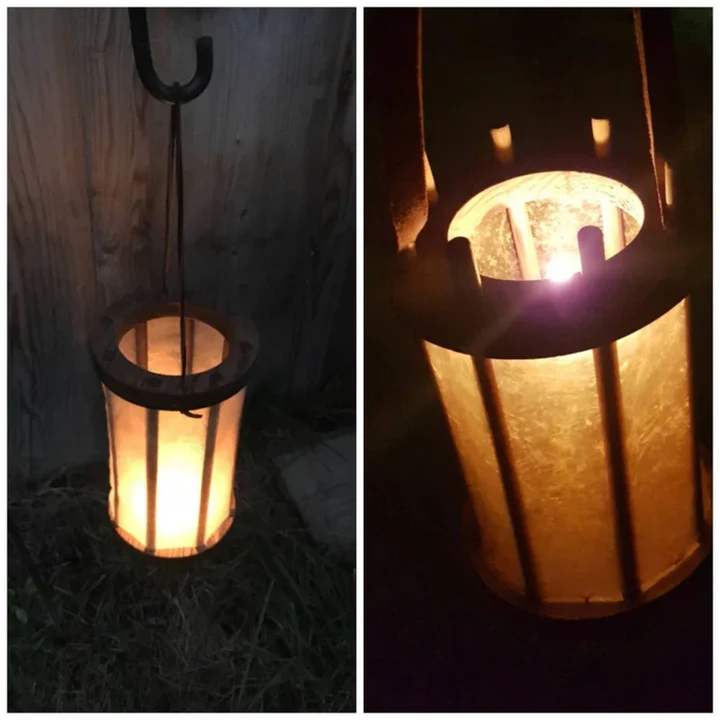 Two views of a lantern with a glowing light inside, one hanging and one close-up.