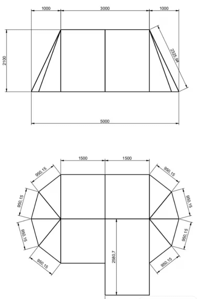 Technical drawing of a geometric shape with dimensions