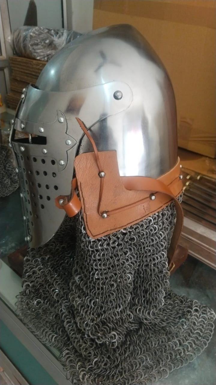 SCA Medieval Bascinet, Medieval Knight Helmet for SCA and Reenactment with brass, for honour helmet
