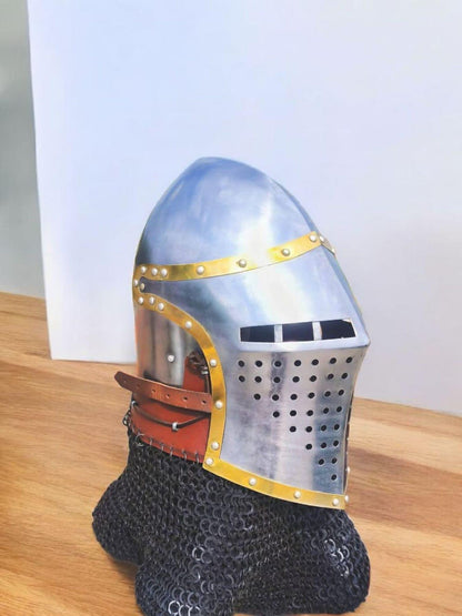 SCA Medieval Bascinet, Medieval Knight Helmet for SCA and Reenactment with brass, for honour helmet