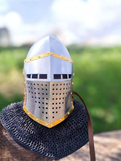 SCA Medieval Bascinet, Medieval Knight Helmet for SCA and Reenactment with brass, for honour helmet